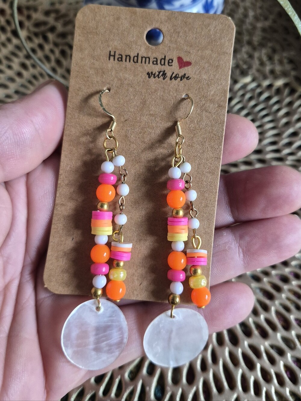Handmade Colorful Beaded Dangle Earrings with Shell Disc - Orange & Pink